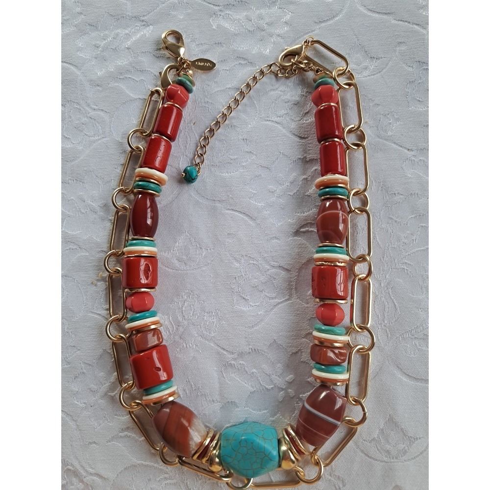 Chico's Women's Beaded Gemstone Necklace Costume Fashion Jewelry Gold Tone Chain